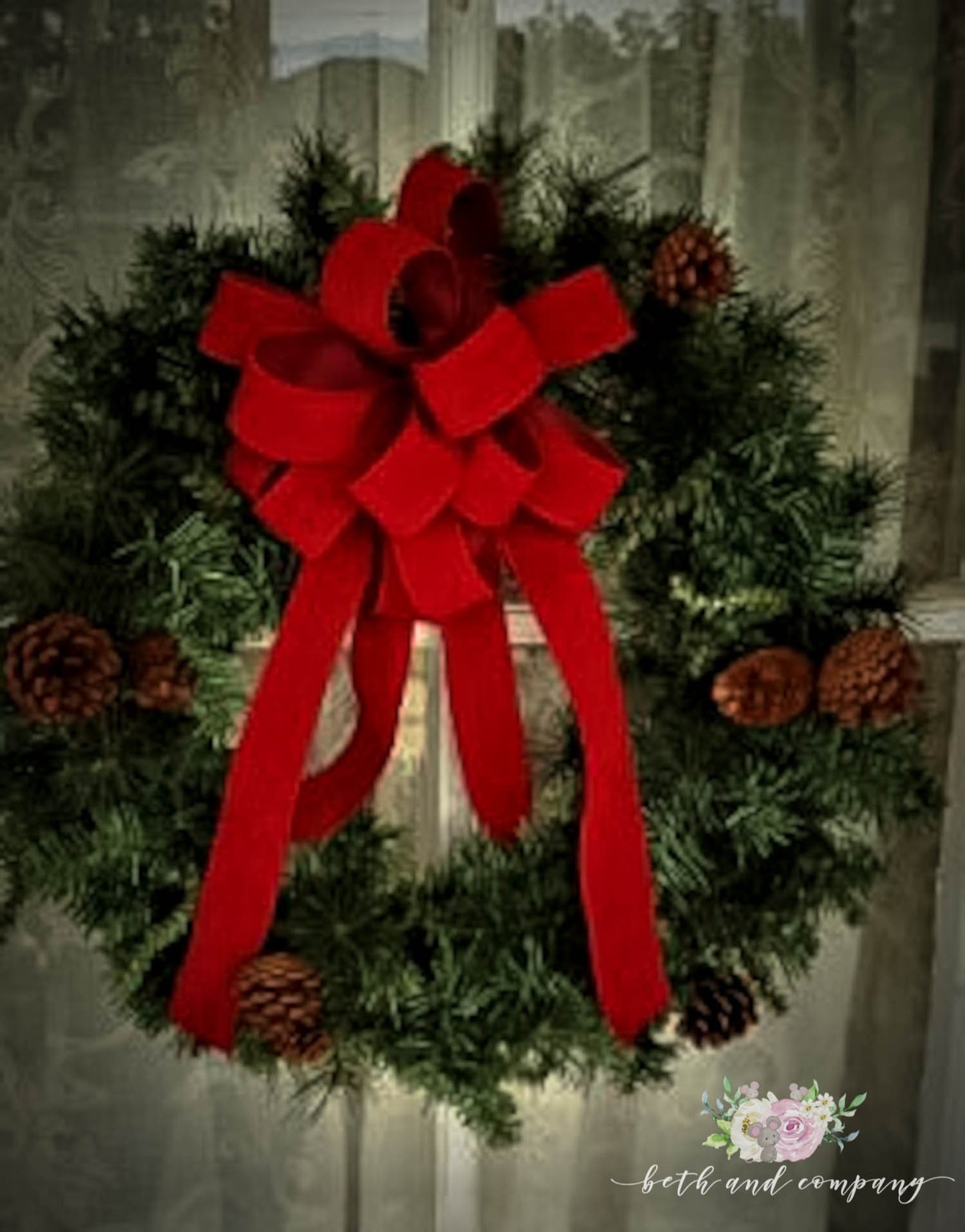 OUTDOOR Red Velvet Christmas wreath bow, Weatherproof Christmas Bow, 1.5" width wired red velvet with plastic liner
