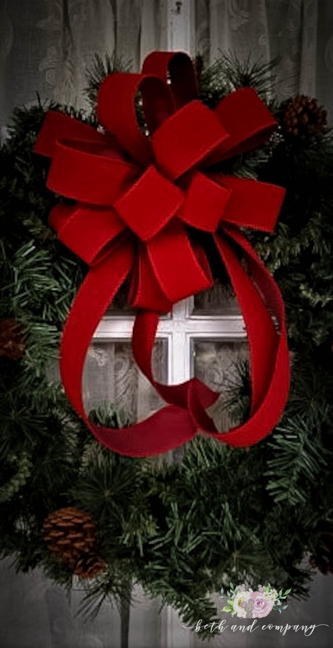 OUTDOOR Red Velvet Christmas wreath bow, Weatherproof Christmas Bow, 1.5" width wired red velvet with plastic liner