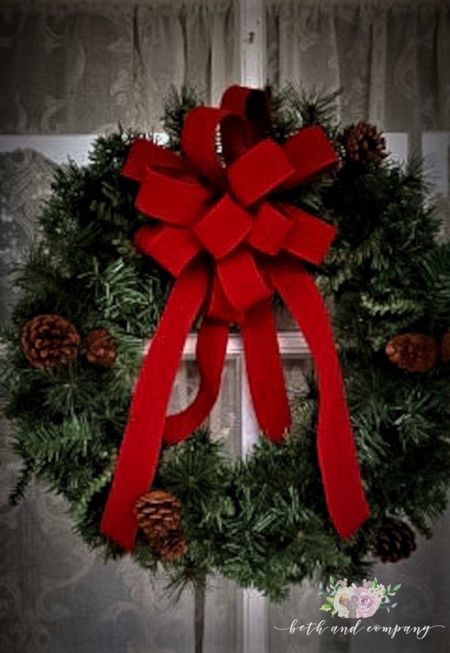 OUTDOOR Red Velvet Christmas wreath bow, Weatherproof Christmas Bow, 1.5" width wired red velvet with plastic liner