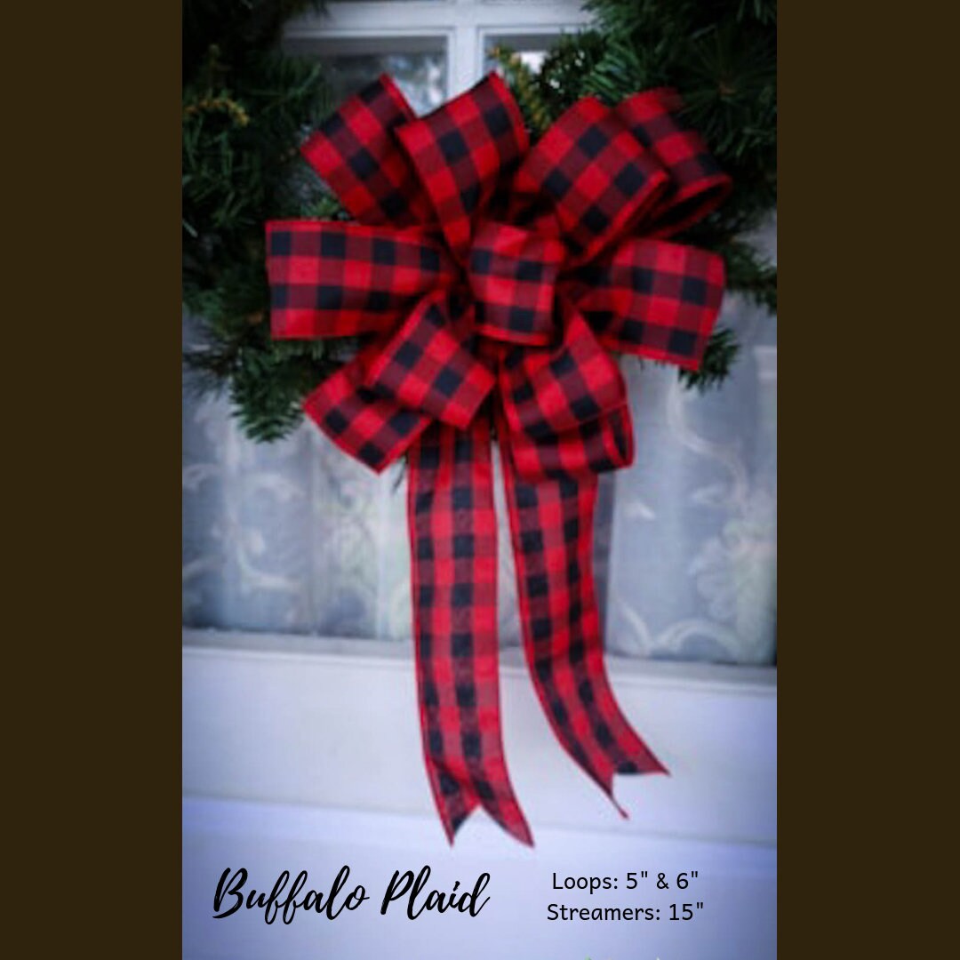 Red and Black Buffalo Plaid Wreath Bow, Thin Profile Bow, Christmas Lodge Wreath Bow, Rustic Wreath Bow, Mailbox Swag Bow
