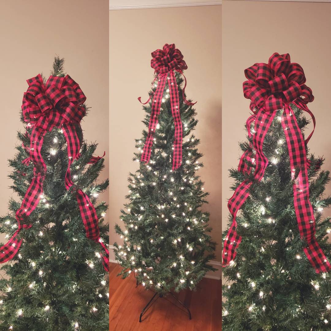 Tree Topper / Christmas Red and Black Buffalo Plaid Tree Topper / White and Black, Red and White /  Farmhouse ChrisTmas Tree Topper