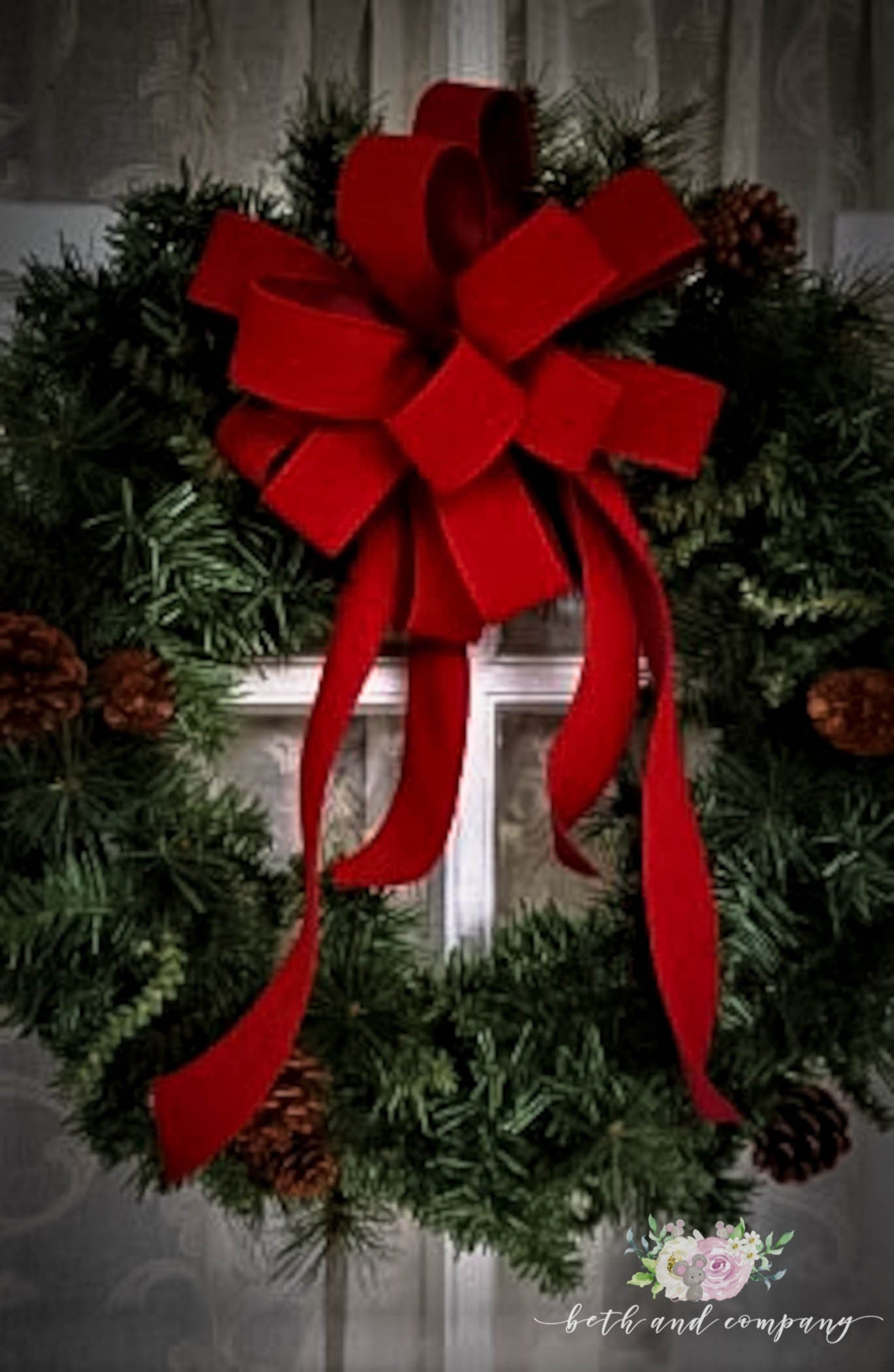 OUTDOOR Red Velvet Christmas wreath bow, Weatherproof Christmas Bow, 1.5" width wired red velvet with plastic liner
