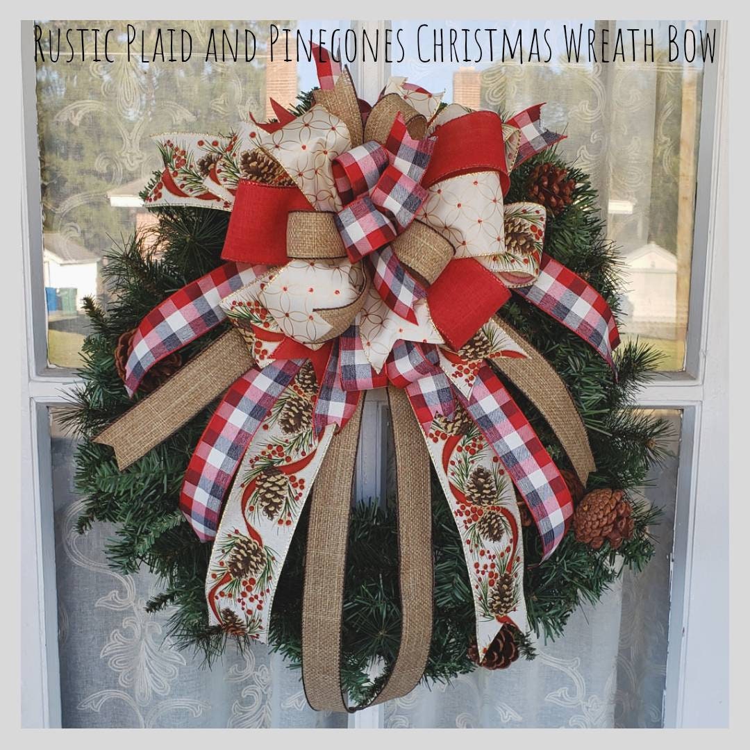 Rustic Plaid & Pinecones Christmas Wreath Bow, Country Christmas Bow, Christmas bows for wreaths, Christmas Wreath Bow