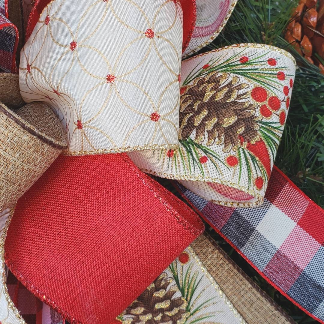 Rustic Plaid & Pinecones Christmas Wreath Bow, Country Christmas Bow, Christmas bows for wreaths, Christmas Wreath Bow