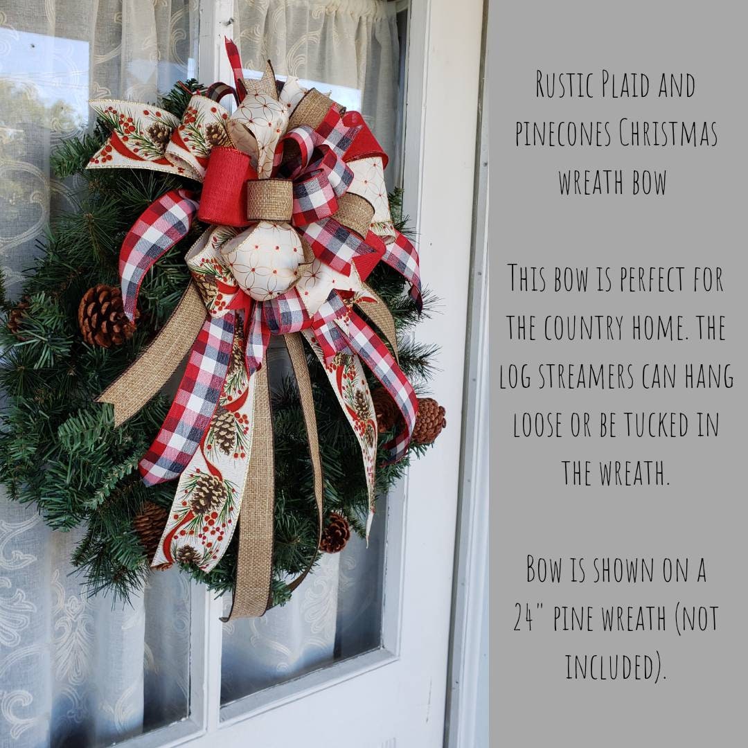Rustic Plaid & Pinecones Christmas Wreath Bow, Country Christmas Bow, Christmas bows for wreaths, Christmas Wreath Bow