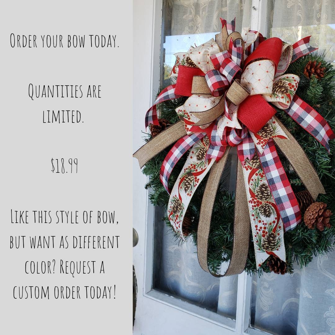 Rustic Plaid & Pinecones Christmas Wreath Bow, Country Christmas Bow, Christmas bows for wreaths, Christmas Wreath Bow
