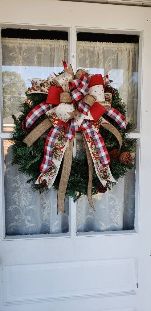 Rustic Plaid & Pinecones Christmas Wreath Bow, Country Christmas Bow, Christmas bows for wreaths, Christmas Wreath Bow
