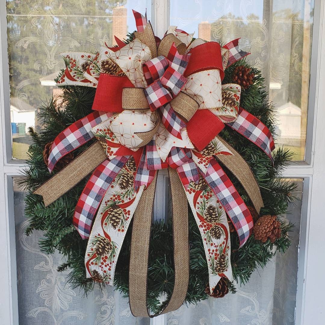 Rustic Plaid & Pinecones Christmas Wreath Bow, Country Christmas Bow, Christmas bows for wreaths, Christmas Wreath Bow