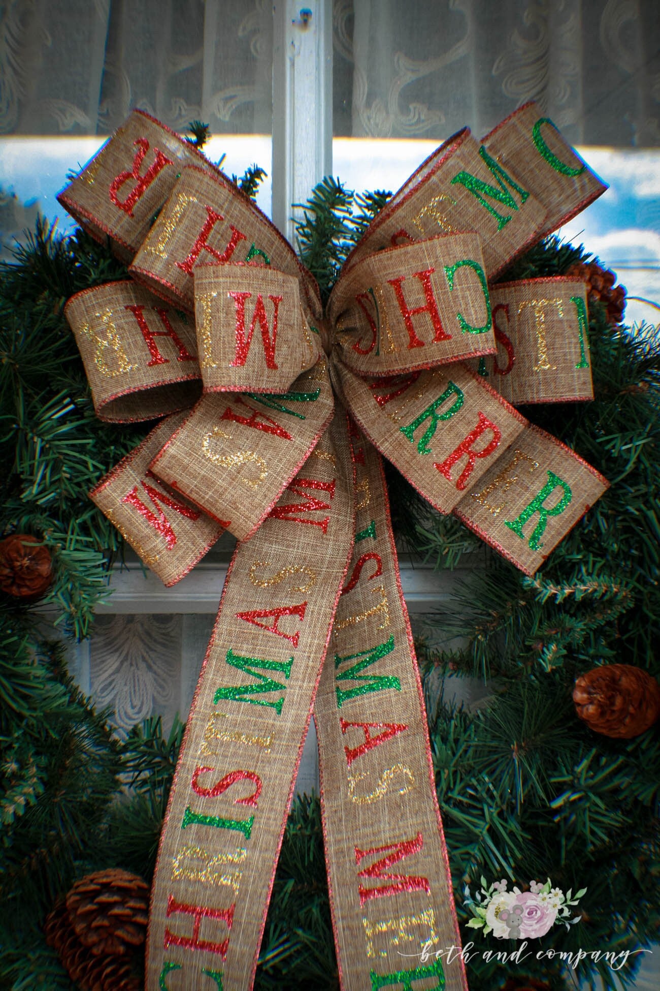 Large Merry Christmas Farmhouse Wreath Bow, Thin Profile Bow, Rustic Wreath Bow, Mailbox Swag Bow, Holiday Decorations