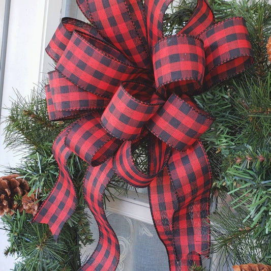 Red and Black Buffalo Plaid Wreath Bow, 1.5" ribbon, Christmas Lodge Wreath Bow, Red and Black Check, Mailbox Swag Bow, Rustic Wreath Bow