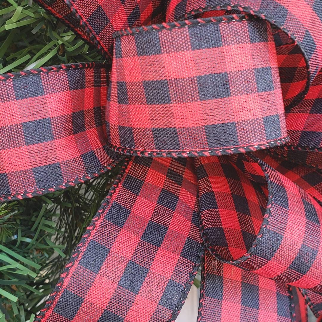 Red and Black Buffalo Plaid Wreath Bow, 1.5" ribbon, Christmas Lodge Wreath Bow, Red and Black Check, Mailbox Swag Bow, Rustic Wreath Bow