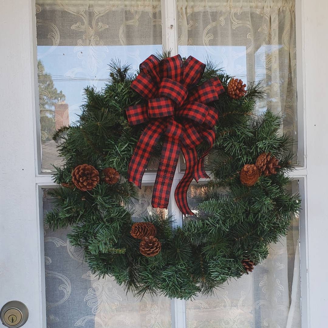 Red and Black Buffalo Plaid Wreath Bow, 1.5" ribbon, Christmas Lodge Wreath Bow, Red and Black Check, Mailbox Swag Bow, Rustic Wreath Bow
