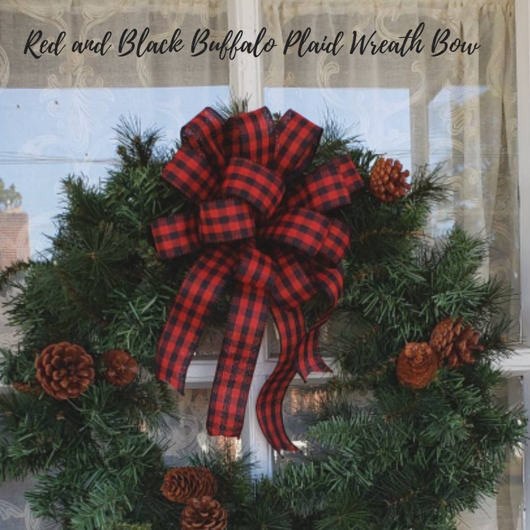 Red and Black Buffalo Plaid Wreath Bow, 1.5" ribbon, Christmas Lodge Wreath Bow, Red and Black Check, Mailbox Swag Bow, Rustic Wreath Bow