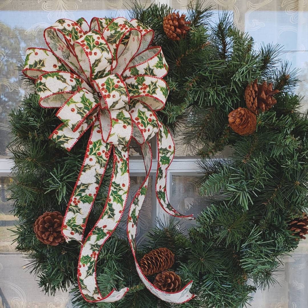 Christmas Holly Wreath Bow, Christmas Wreath Bow, Holly & Berries wreath bow, Christmas bows for front door wreaths, Christmas Tree Topper