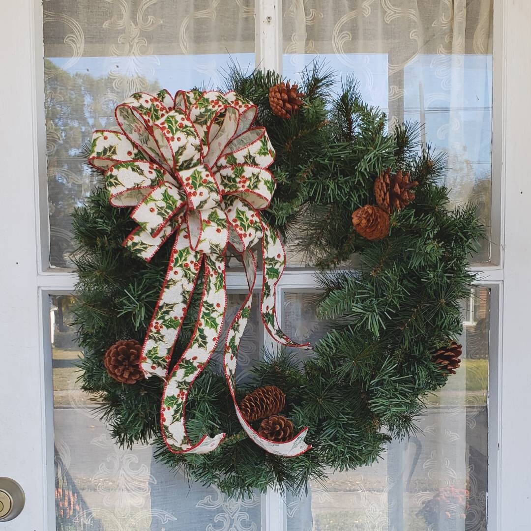 Christmas Holly Wreath Bow, Christmas Wreath Bow, Holly & Berries wreath bow, Christmas bows for front door wreaths, Christmas Tree Topper