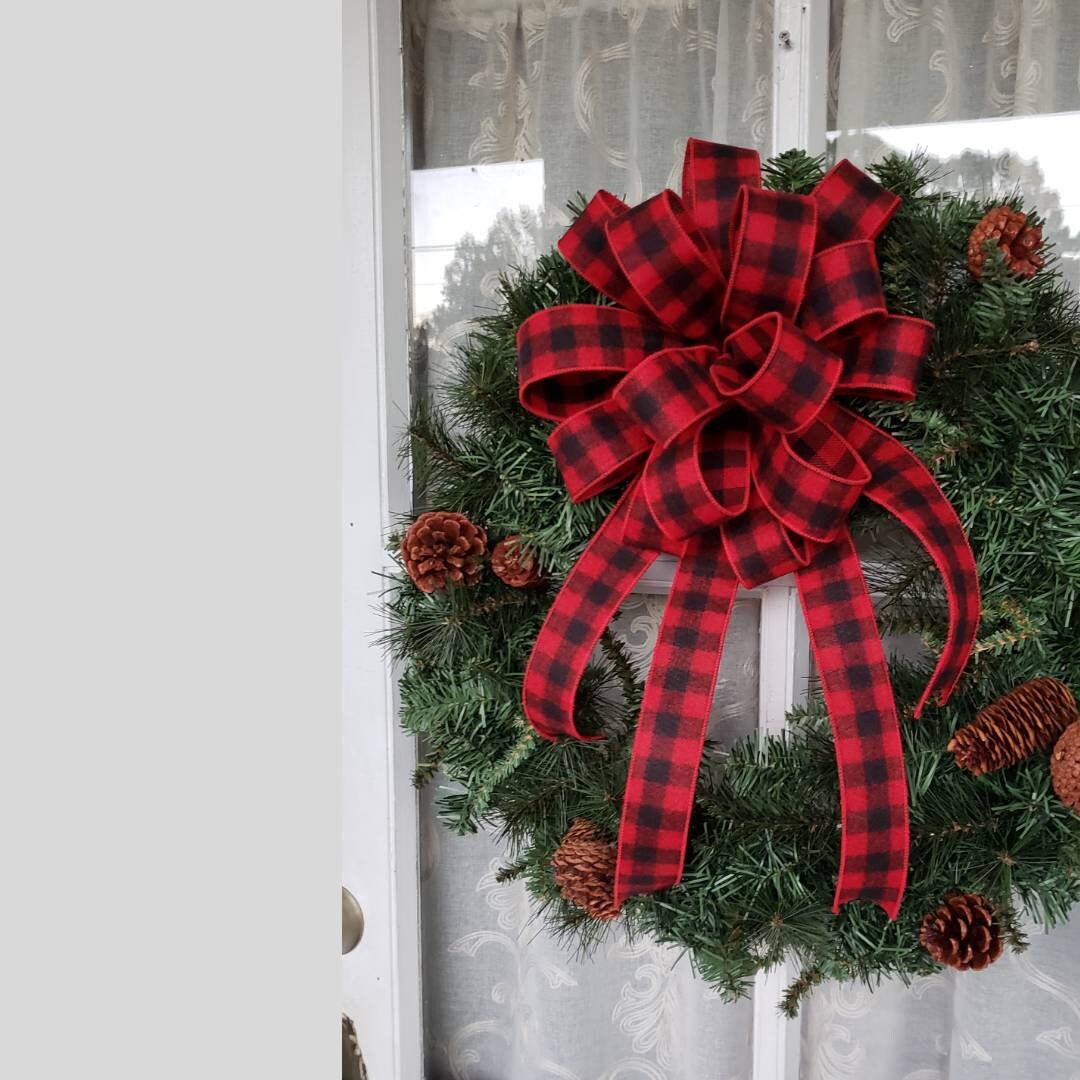Red and Black Flannel Buffalo Plaid Wreath Bow, 1.5" wide ribbon, Farmhouse Wreath Bow