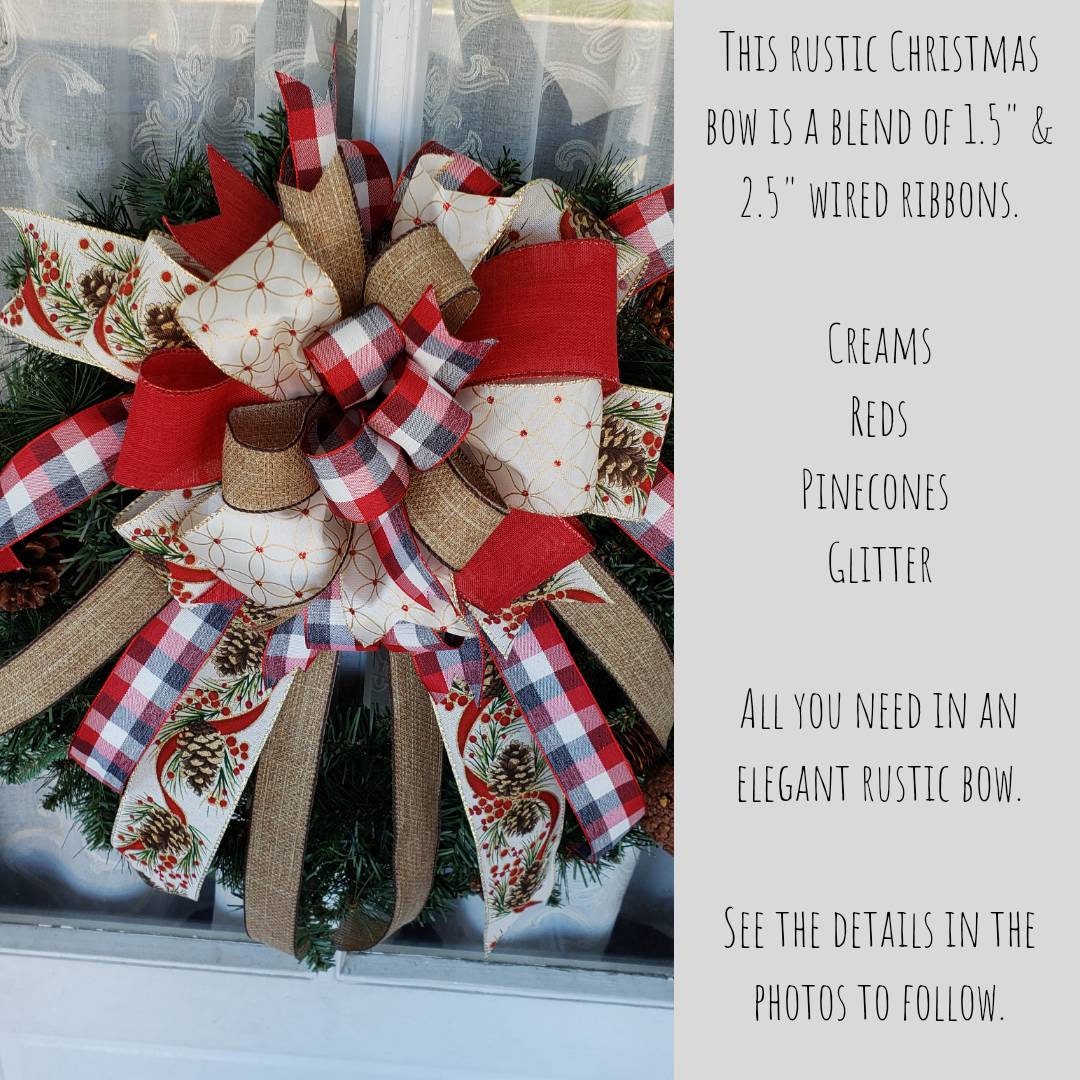Rustic Plaid & Pinecones Christmas Wreath Bow, Country Christmas Bow, Christmas bows for wreaths, Christmas Wreath Bow