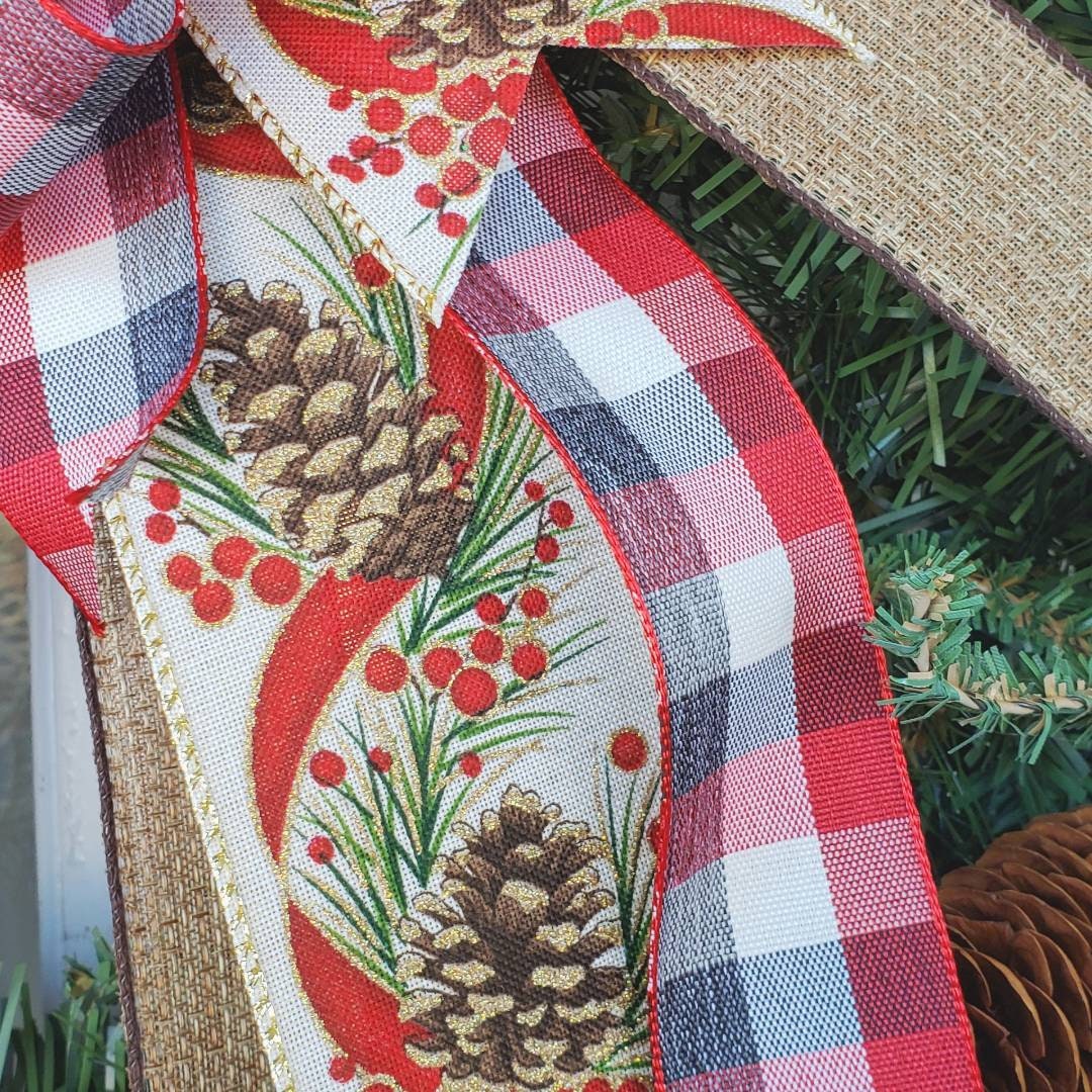 Rustic Plaid & Pinecones Christmas Wreath Bow, Country Christmas Bow, Christmas bows for wreaths, Christmas Wreath Bow