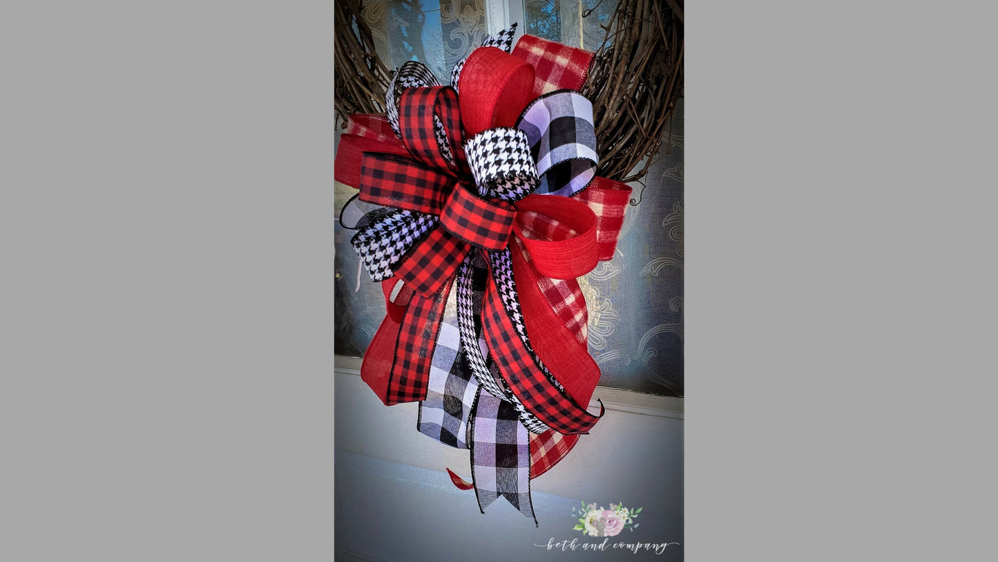 Red, White and Black Wreath Bow, Buffalo Plaid Decor for front door, Farmhouse Christmas Bow