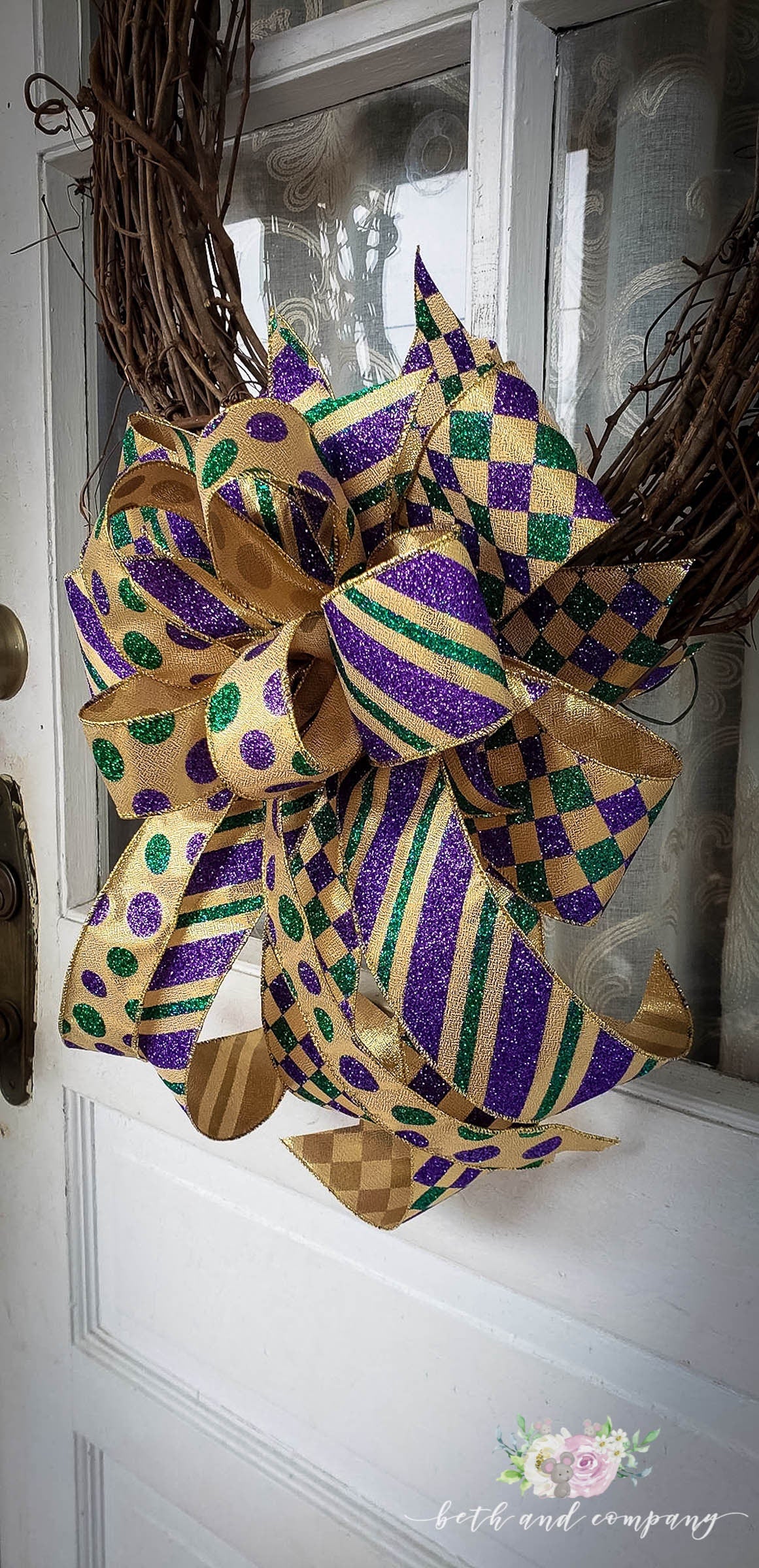 Mardi Gras Wreath Bow, Luxurious Mardi Gras Wreath Bow, Mardi Gras Decor for front door, Purple, Green and Gold wreath bow