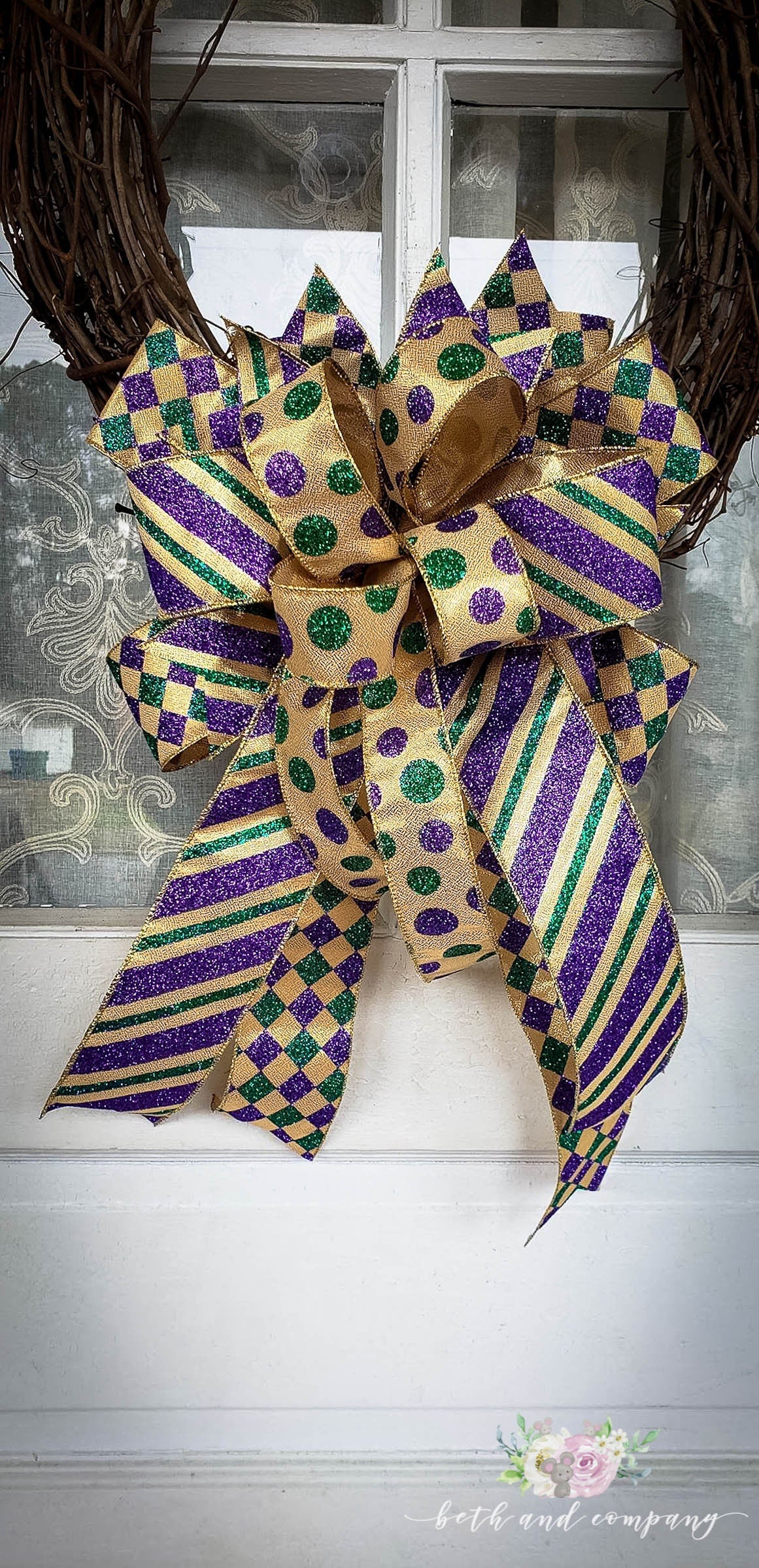 Mardi Gras Wreath Bow, Luxurious Mardi Gras Wreath Bow, Mardi Gras Decor for front door, Purple, Green and Gold wreath bow