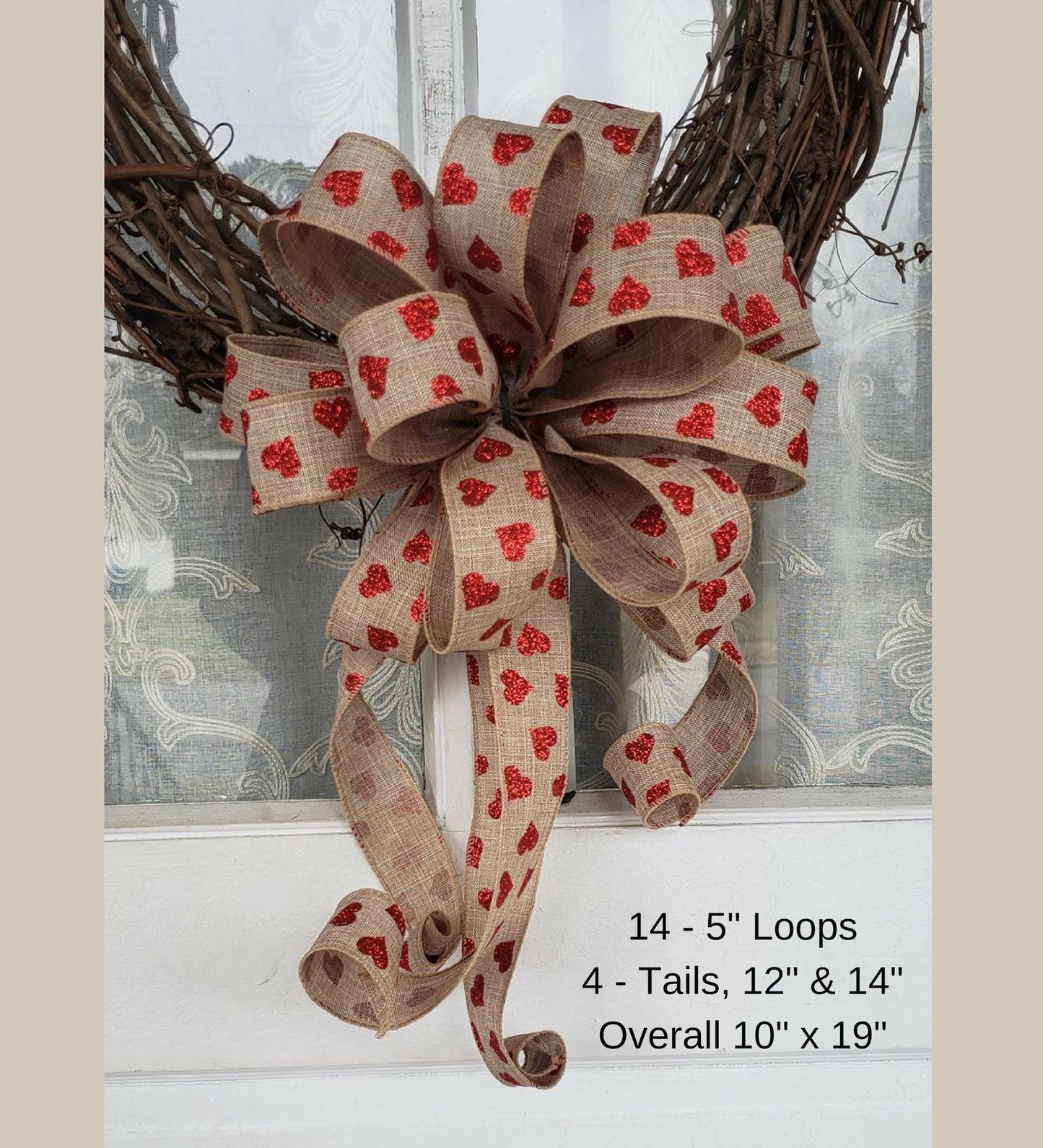 Red Glitter Heart Rustic Wreath Bow, Valentines Day Decor for front door, Valentine's Bow for Lanterns or Mailboxes