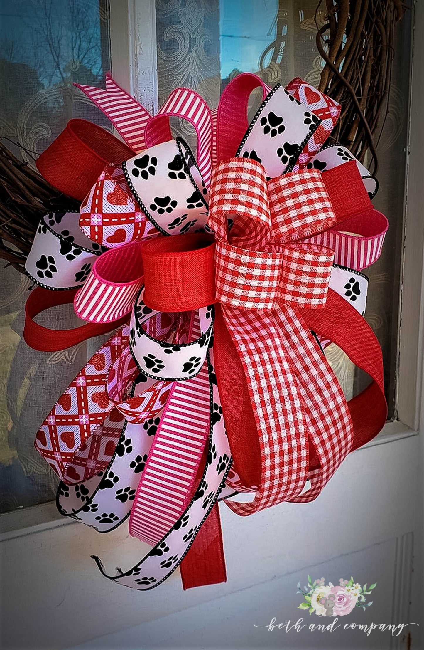 Valentine's Day Wreath Bow, Kitty Love Valentines Bow, Puppy Love Valentine Wreath Bow, Valentines Day Decor, Mixed Ribbon wreath bow