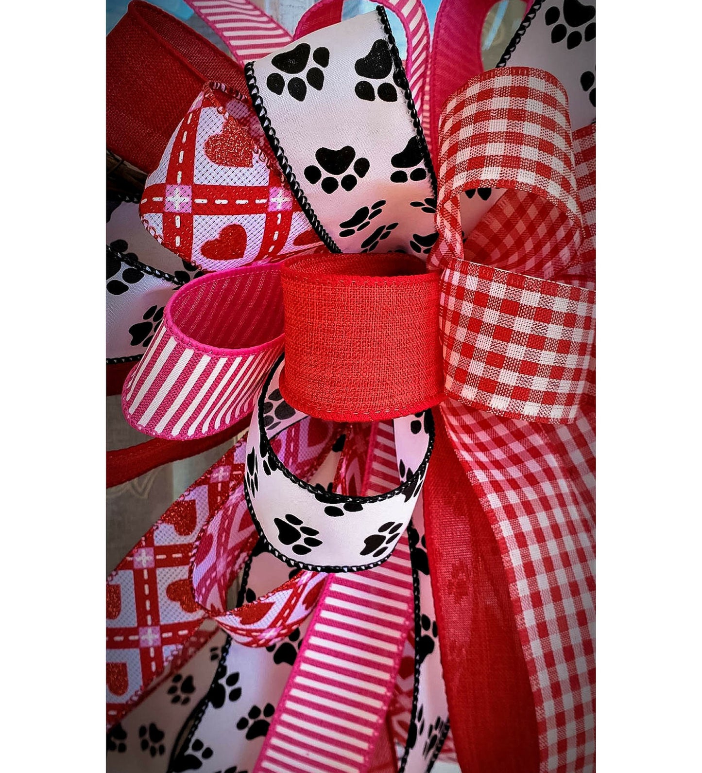 Valentine's Day Wreath Bow, Kitty Love Valentines Bow, Puppy Love Valentine Wreath Bow, Valentines Day Decor, Mixed Ribbon wreath bow