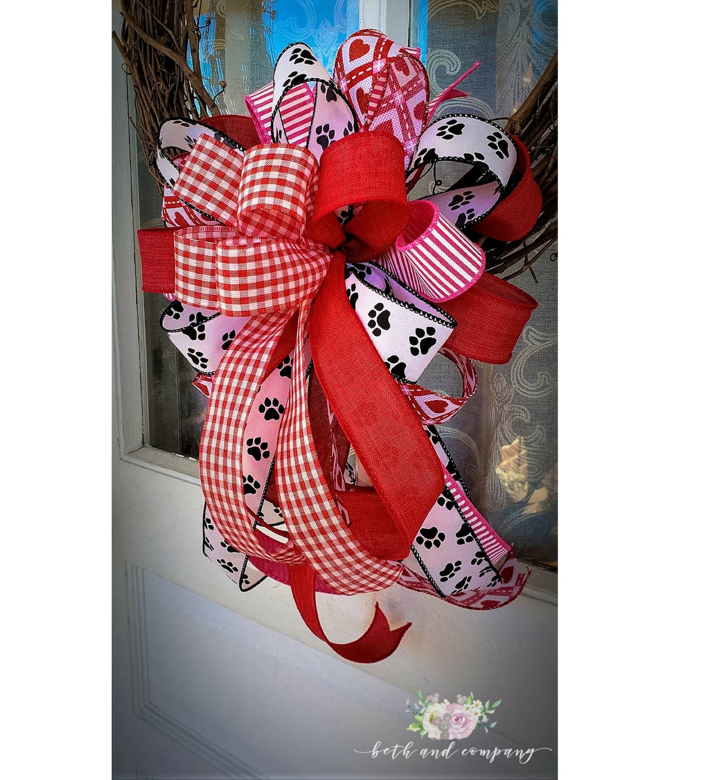 Valentine's Day Wreath Bow, Kitty Love Valentines Bow, Puppy Love Valentine Wreath Bow, Valentines Day Decor, Mixed Ribbon wreath bow