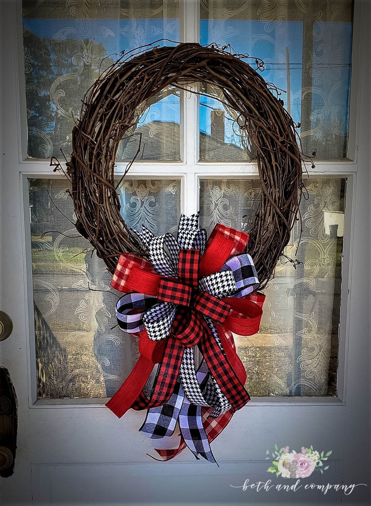 Red, White and Black Wreath Bow, Buffalo Plaid Decor for front door, Farmhouse Christmas Bow