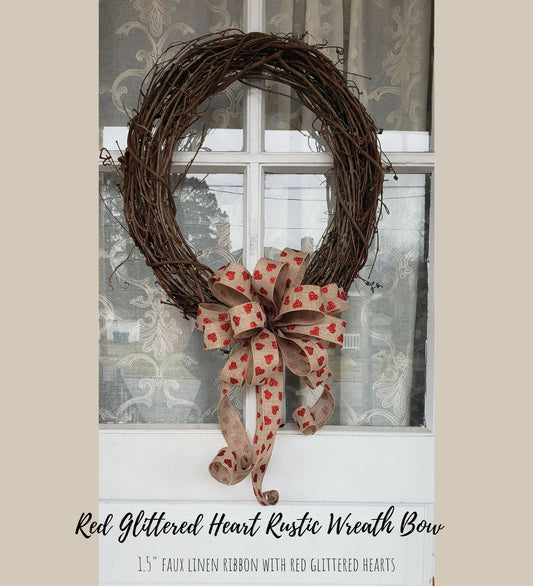 Red Glitter Heart Rustic Wreath Bow, Valentines Day Decor for front door, Valentine's Bow for Lanterns or Mailboxes