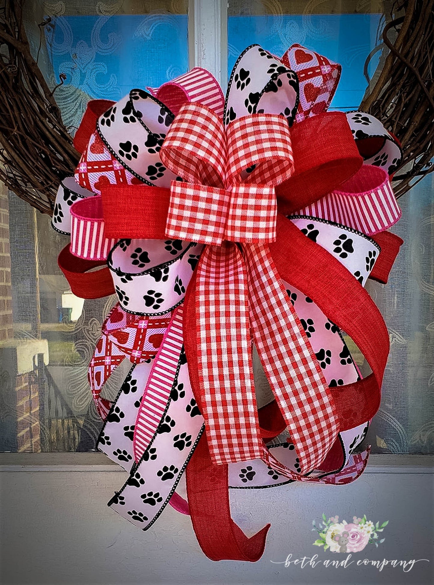 Valentine's Day Wreath Bow, Kitty Love Valentines Bow, Puppy Love Valentine Wreath Bow, Valentines Day Decor, Mixed Ribbon wreath bow