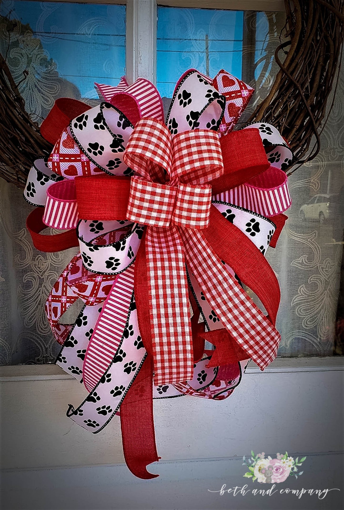 Valentine's Day Wreath Bow, Kitty Love Valentines Bow, Puppy Love Valentine Wreath Bow, Valentines Day Decor, Mixed Ribbon wreath bow