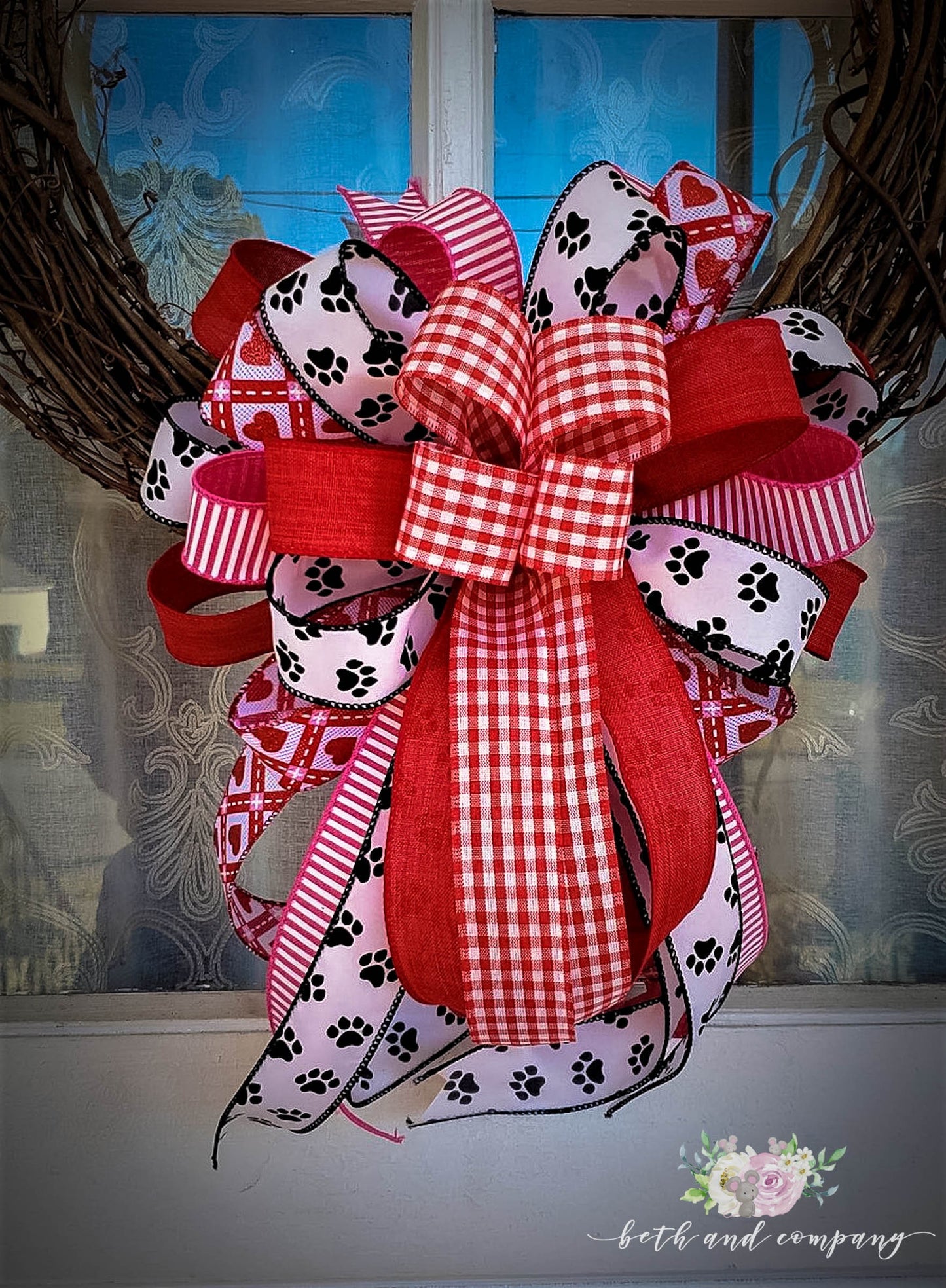 Valentine's Day Wreath Bow, Kitty Love Valentines Bow, Puppy Love Valentine Wreath Bow, Valentines Day Decor, Mixed Ribbon wreath bow