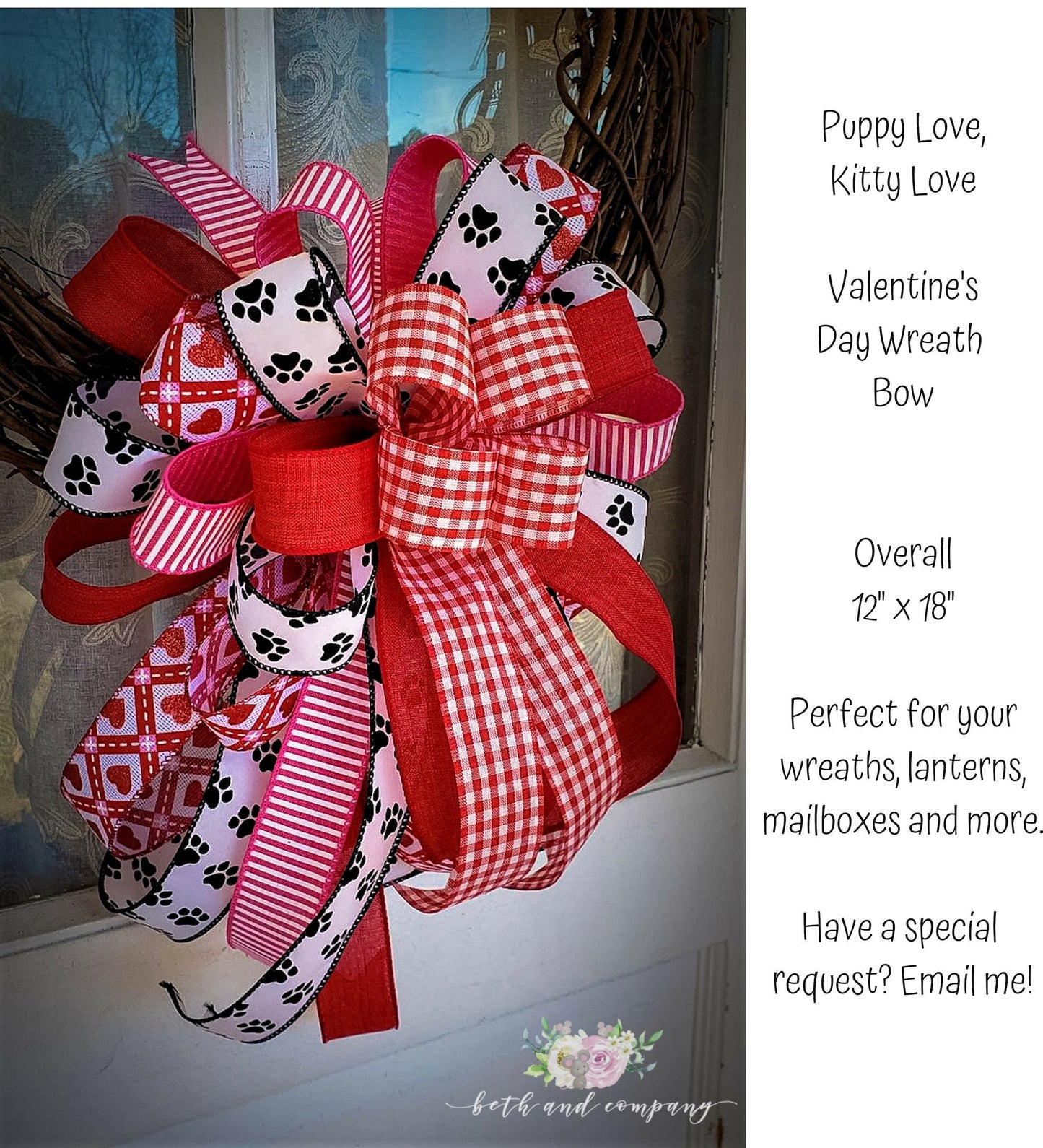Valentine's Day Wreath Bow, Kitty Love Valentines Bow, Puppy Love Valentine Wreath Bow, Valentines Day Decor, Mixed Ribbon wreath bow