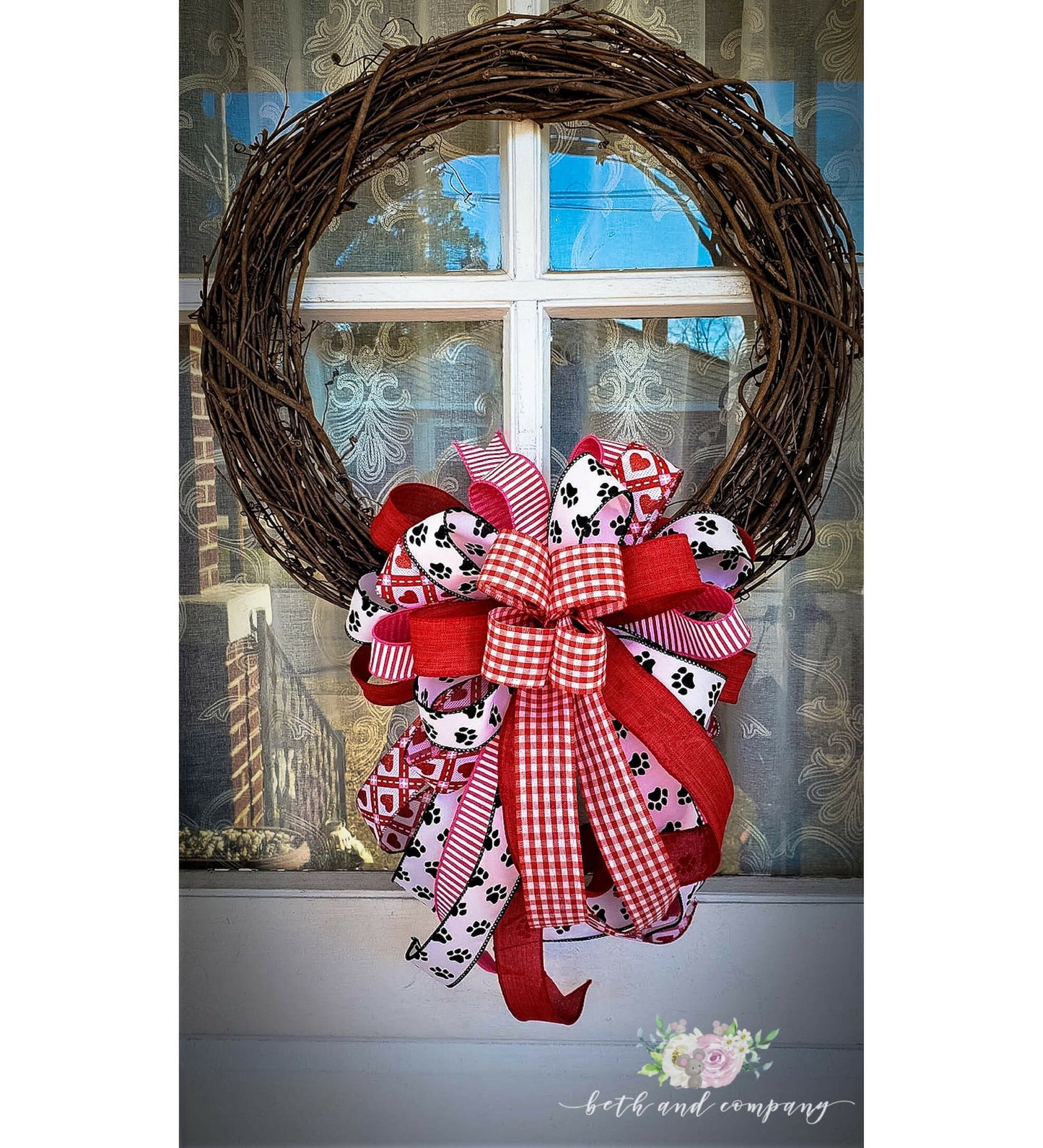 Valentine's Day Wreath Bow, Kitty Love Valentines Bow, Puppy Love Valentine Wreath Bow, Valentines Day Decor, Mixed Ribbon wreath bow