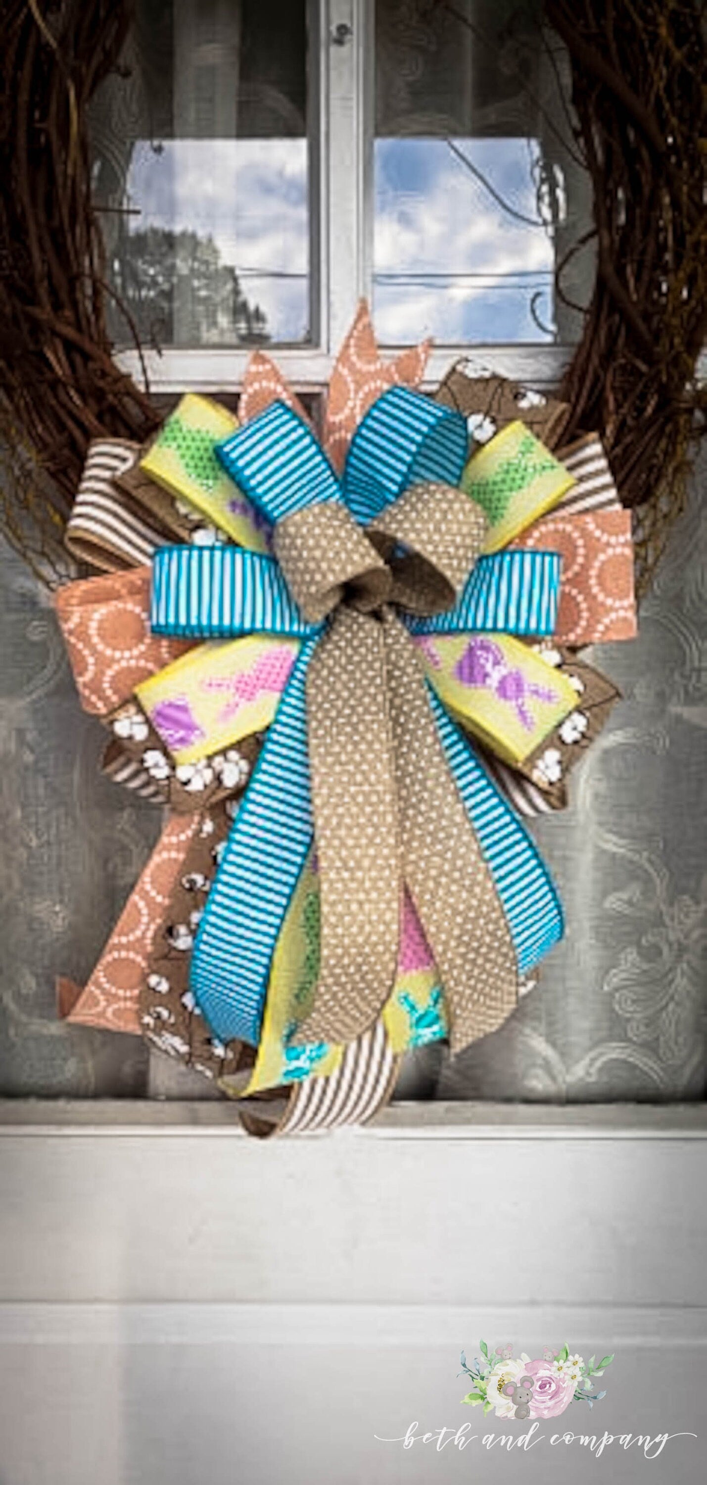 Farmhouse Easter Wreath Bow, Easter Lantern Bow, Spring Wreath Bow, Easter Bunny Bow for Front Door, Easter Decorations, Front Door Decor