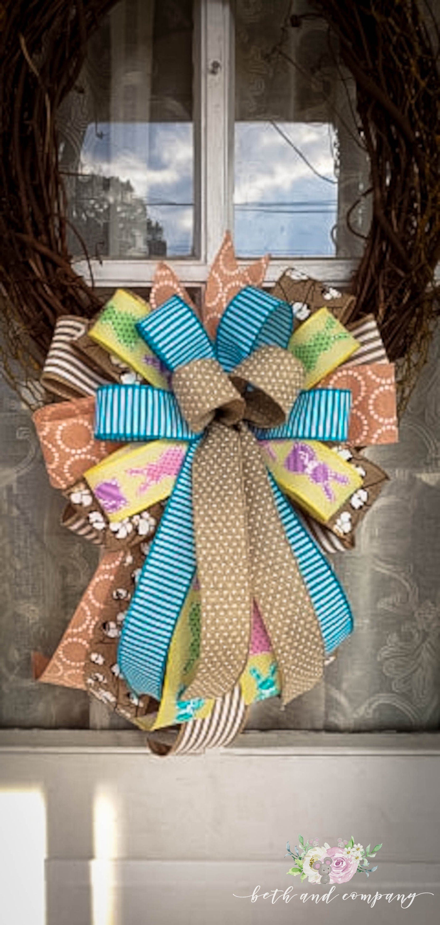 Farmhouse Easter Wreath Bow, Easter Lantern Bow, Spring Wreath Bow, Easter Bunny Bow for Front Door, Easter Decorations, Front Door Decor