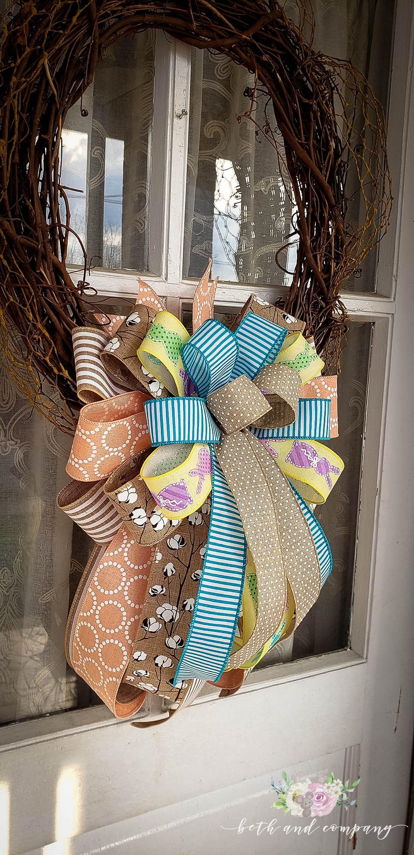 Farmhouse Easter Wreath Bow, Easter Lantern Bow, Spring Wreath Bow, Easter Bunny Bow for Front Door, Easter Decorations, Front Door Decor