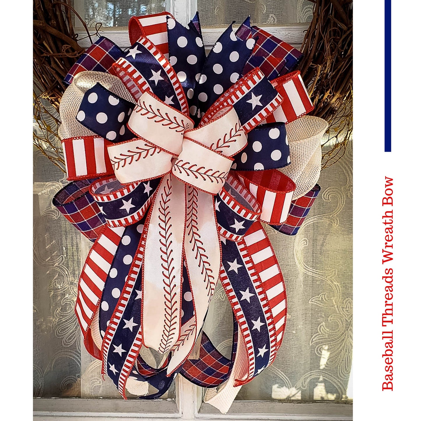 Baseball Threads Wreath Bow, Red White and Blue bow, Patriotic Bow, Labor Day, American Patriotic Decor, Eagle Scout Decor