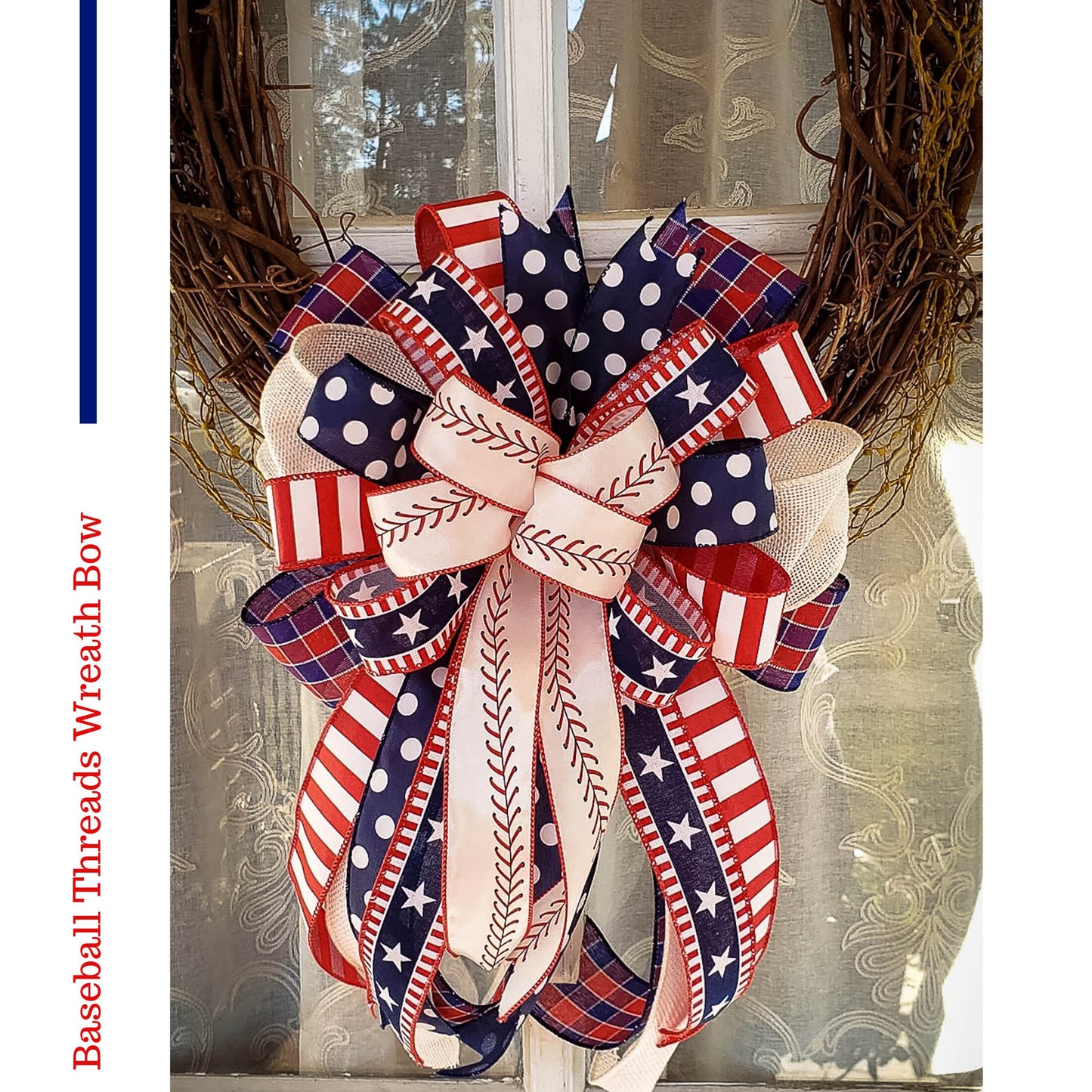 Baseball Threads Wreath Bow, Red White and Blue bow, Patriotic Bow, Labor Day, American Patriotic Decor, Eagle Scout Decor