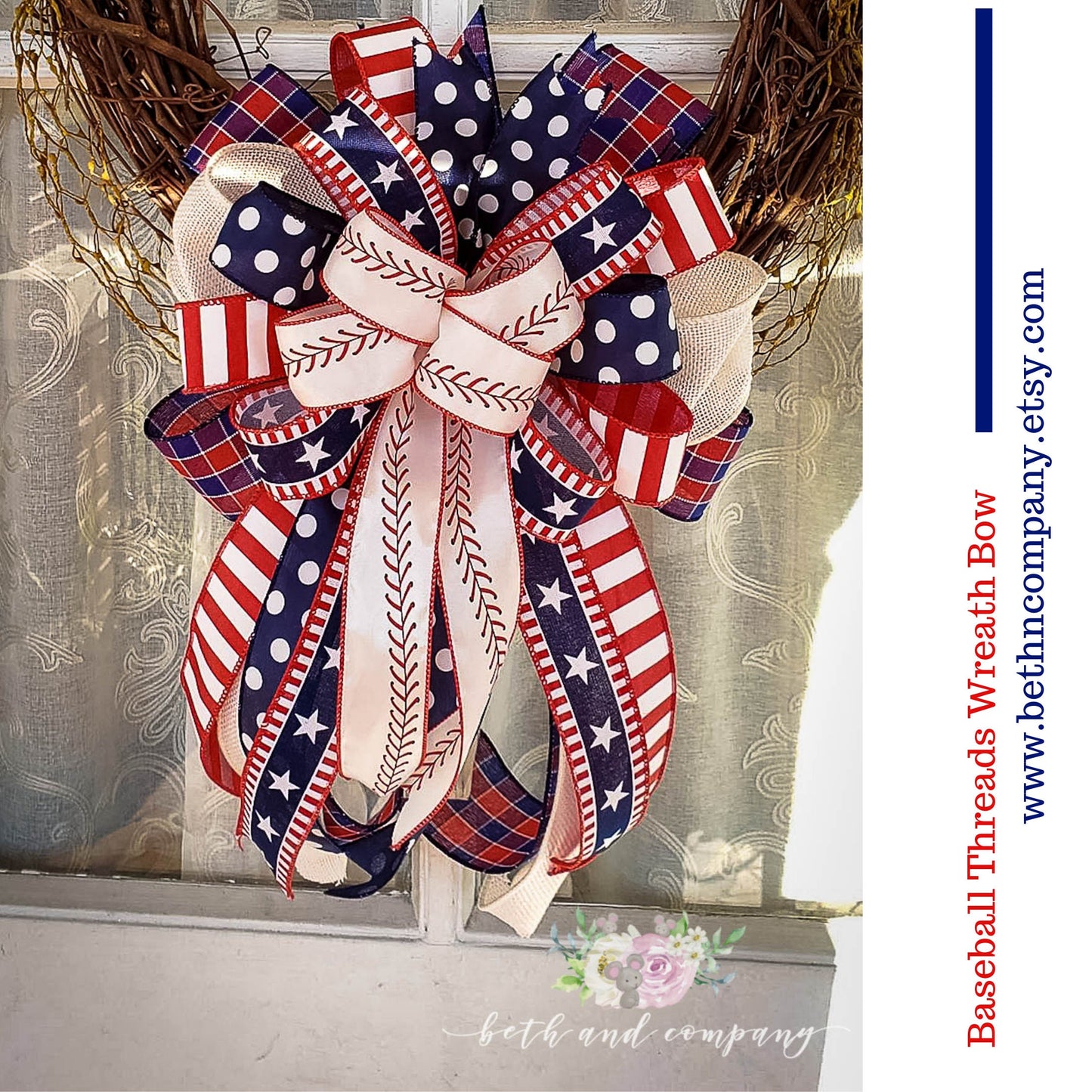 Baseball Threads Wreath Bow, Red White and Blue bow, Patriotic Bow, Labor Day, American Patriotic Decor, Eagle Scout Decor