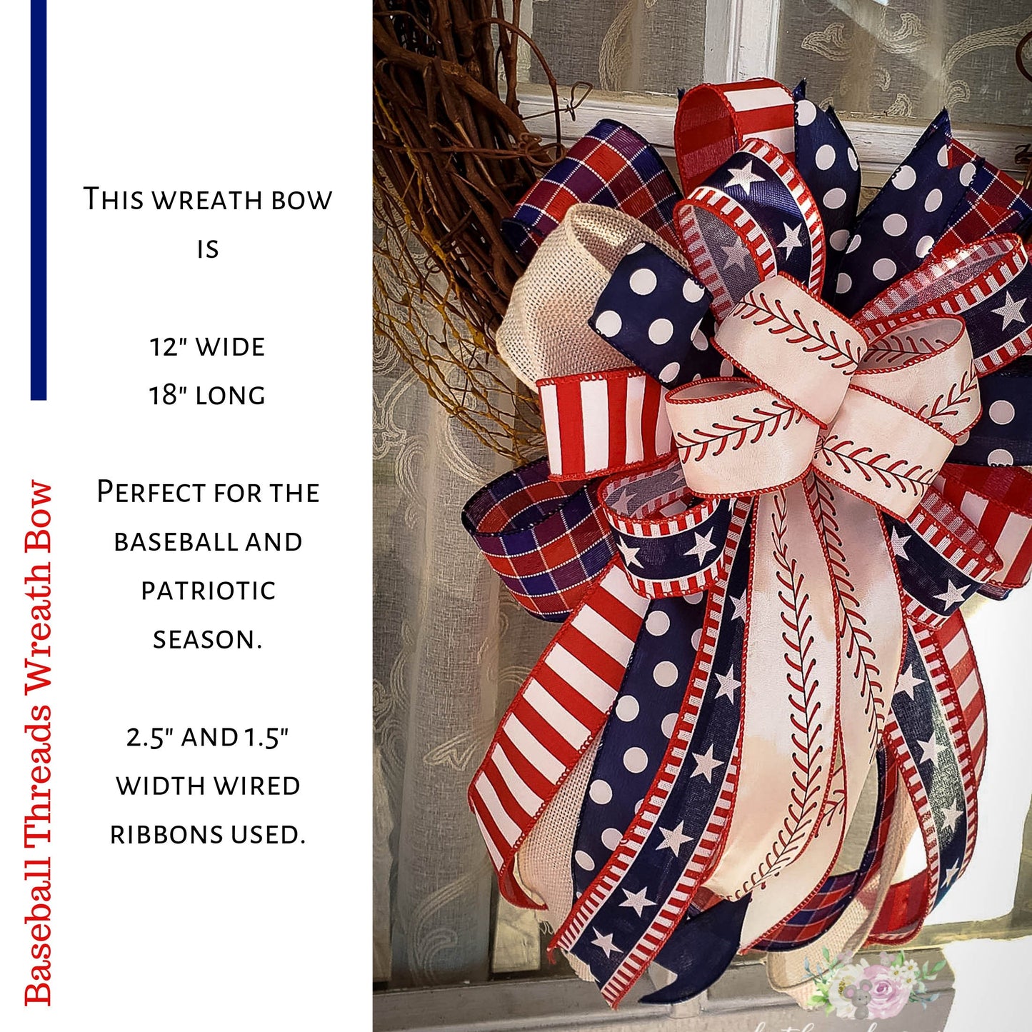 Baseball Threads Wreath Bow, Red White and Blue bow, Patriotic Bow, Labor Day, American Patriotic Decor, Eagle Scout Decor