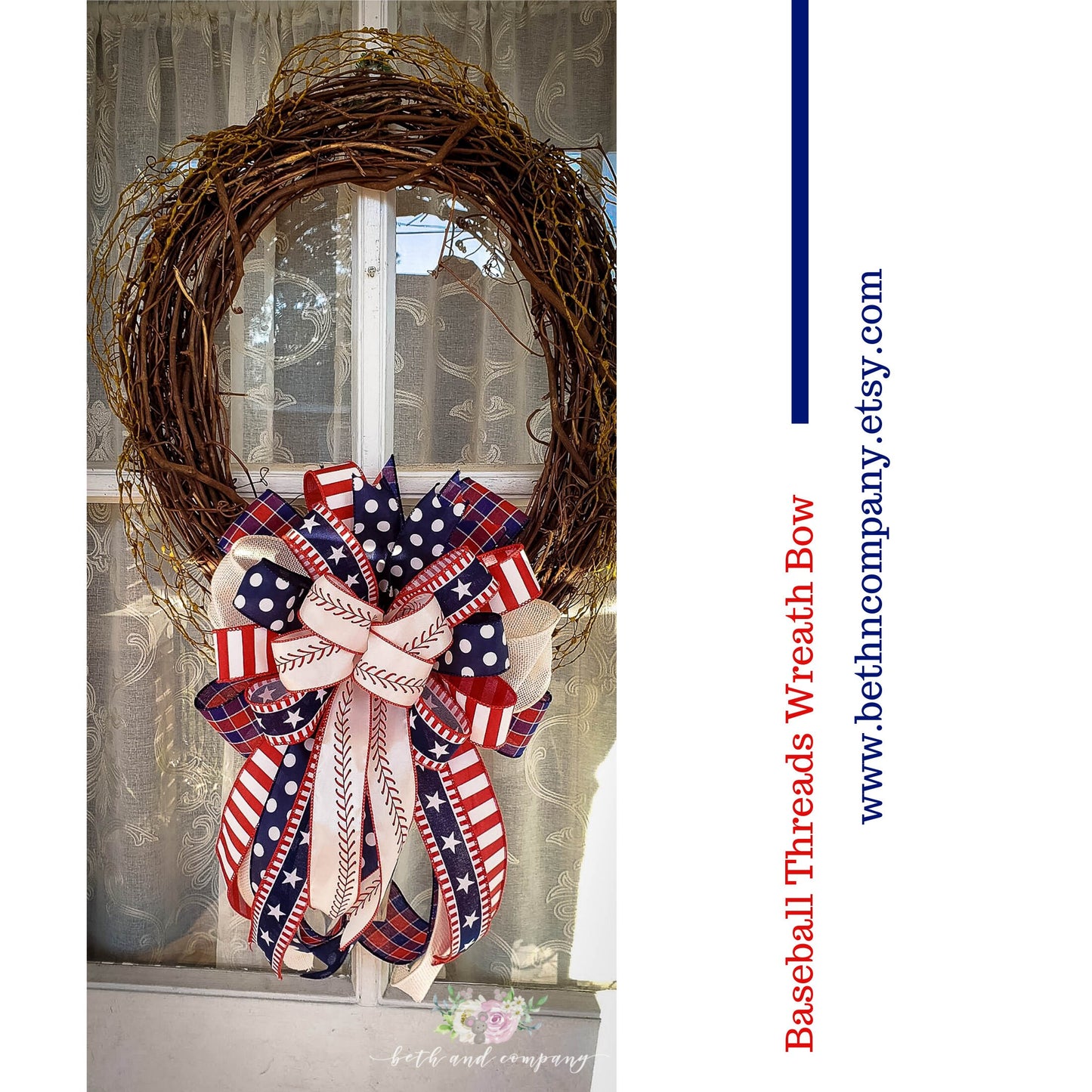 Baseball Threads Wreath Bow, Red White and Blue bow, Patriotic Bow, Labor Day, American Patriotic Decor, Eagle Scout Decor