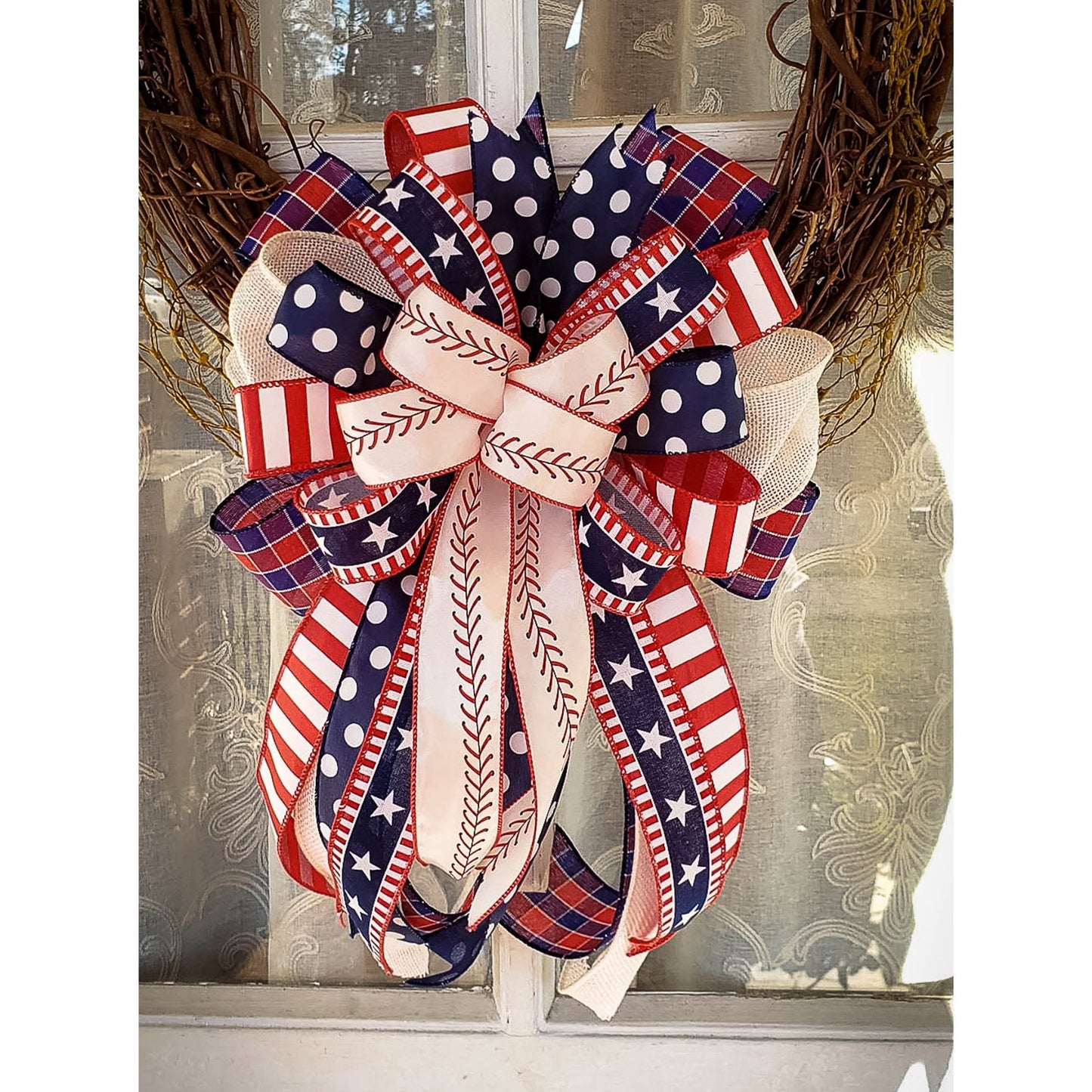 Baseball Threads Wreath Bow, Red White and Blue bow, Patriotic Bow, Labor Day, American Patriotic Decor, Eagle Scout Decor