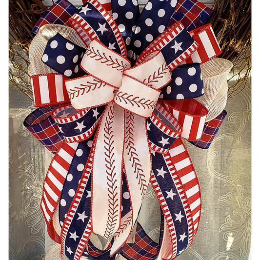 Baseball Threads Wreath Bow, Red White and Blue bow, Patriotic Bow, Labor Day, American Patriotic Decor, Eagle Scout Decor
