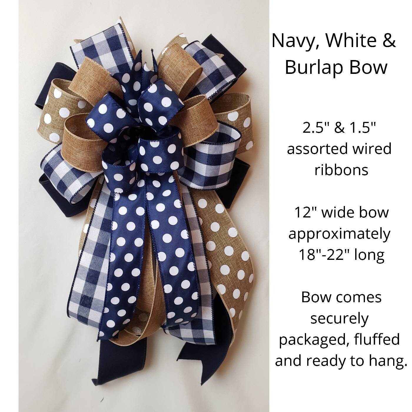 Navy and Burlap Bow, Summer to Fall Wreath Mixed Ribbon Bow, Fall Wreath Bows