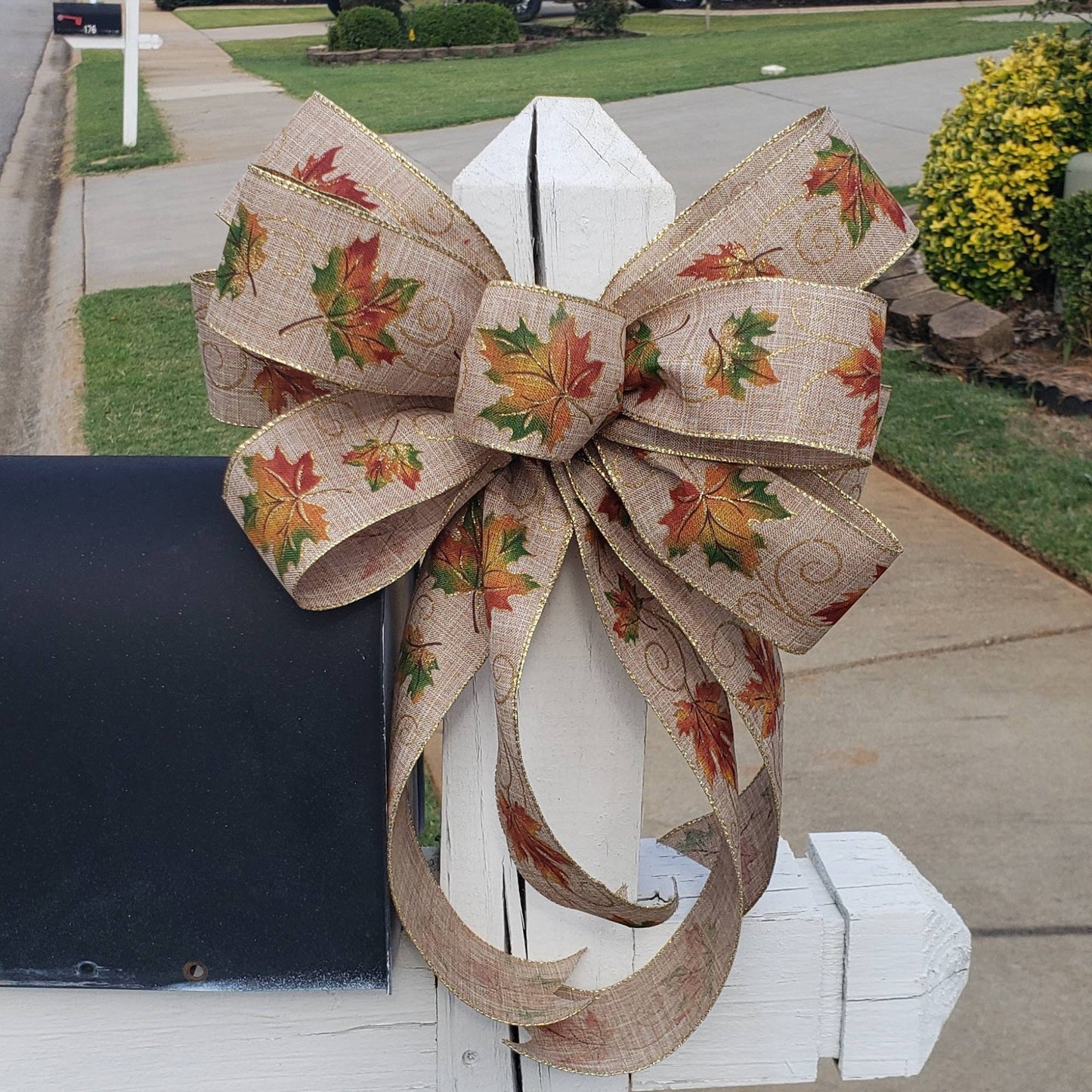 Fall Leaf Wreath Bow,Fall Mailbox Bow, 2.5" width ribbon