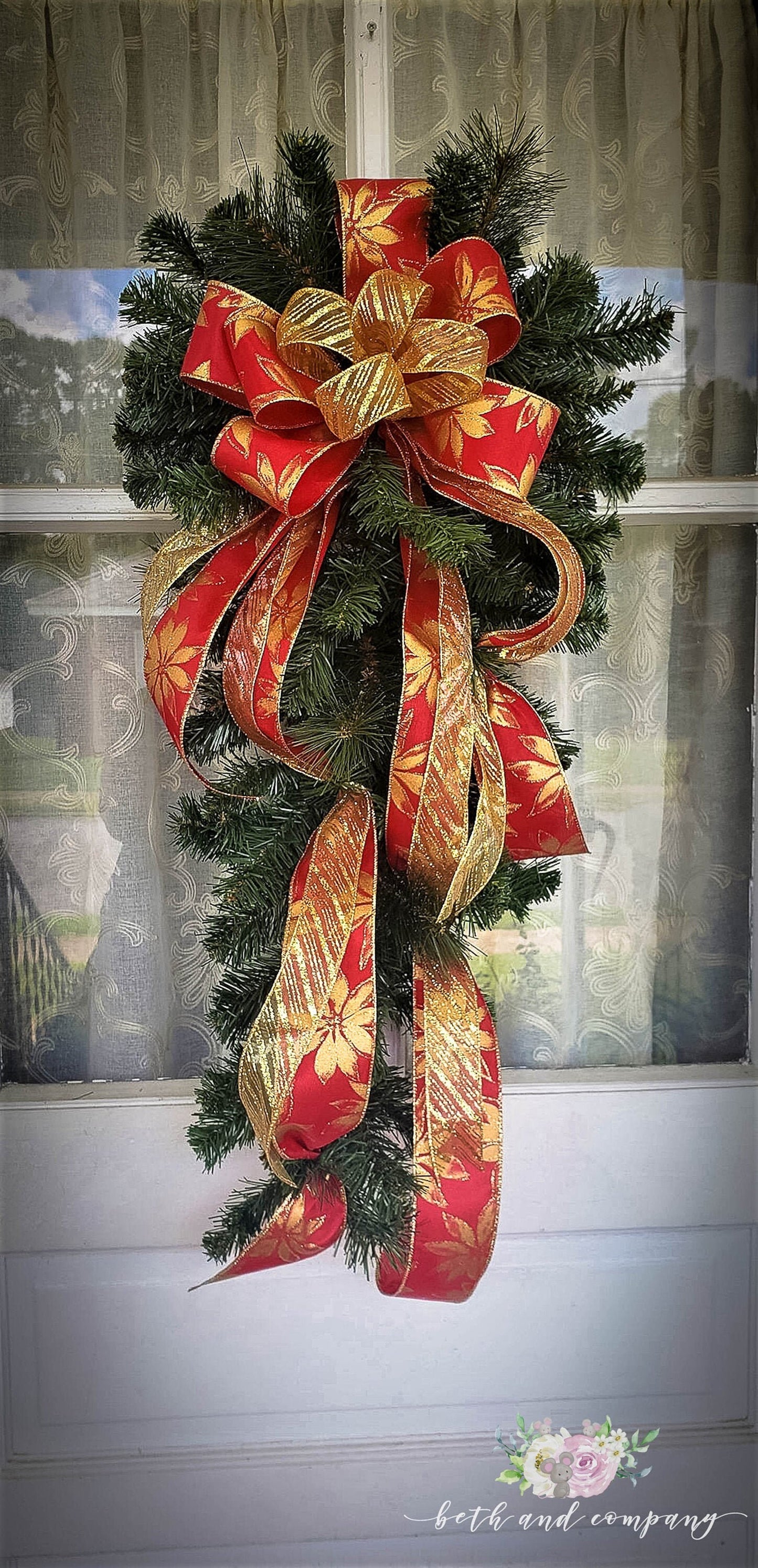 Gold Poinsettia and Red Swag Bow, Elegant Christmas Swag Bow