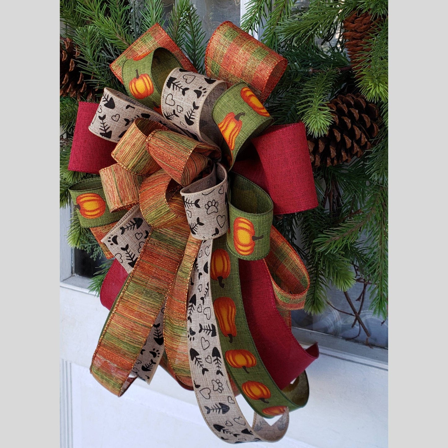 Fall Wreath Bow with Cat paw & fish bone ribbon, Fall Decor